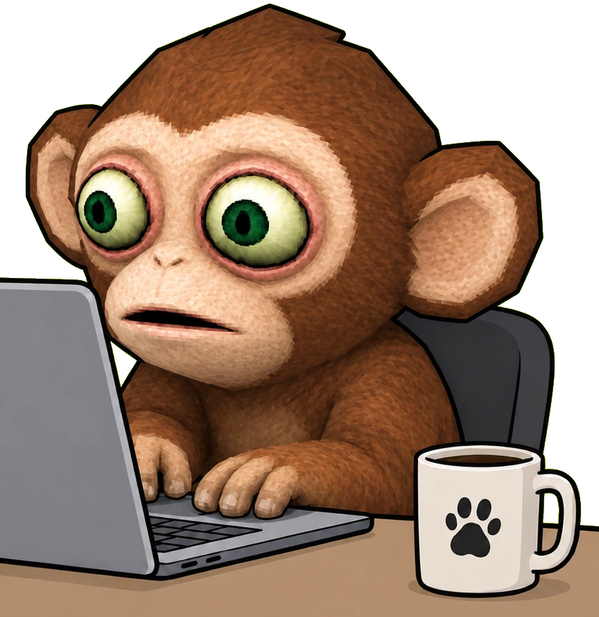 the ape at the desk, four hours into the tape, coffee long cold